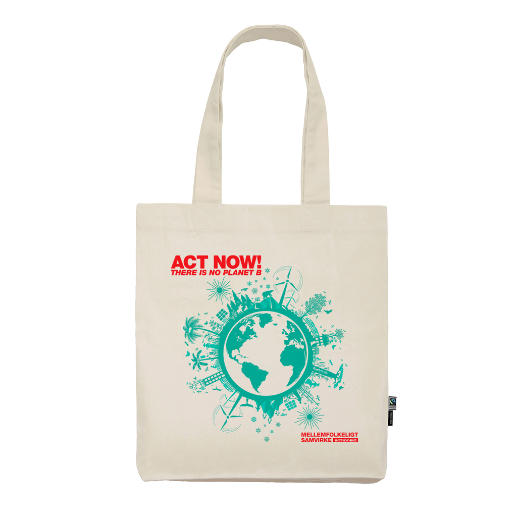 Hvid mulepose med grøn grafik og teksten Act now. There is no planet b.